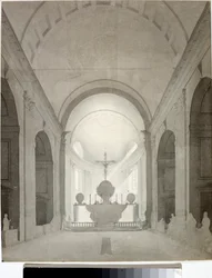 Widok wnętrza kościoła (Rysunek i akwarela, ok. 1825)