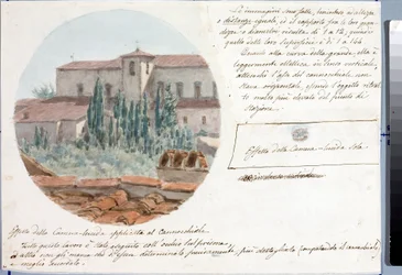 Widok teleskopowy kościoła San Salvatore al monte w pobliżu Florencji (Rysunek i akwarela, ok. 1833)
