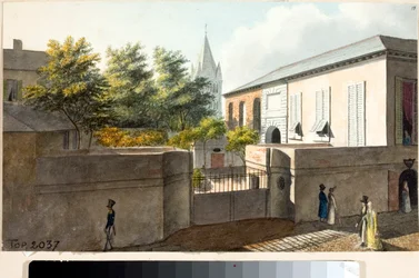 Widok na Villa Faraggiana i dzwonnicę Pre (rysunek i akwarela, ok. 1825)