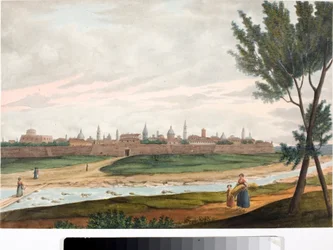 Widok miasta otoczonego murami, prawdopodobnie Lukka w Toskanii (Atrament i akwarela, ok. 1820)