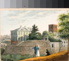 Widok na bastiony i dzwonnicę Santo Stefano, Genua (Akwarela, ok. 1825)