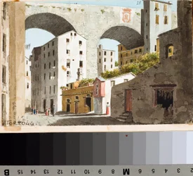 Widok na most Carignano w Genui (rysunek i akwarela, ok. 1825)