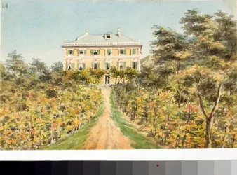 Widok na kasyno Lagomarsino na wybrzeżu Rivarolo, niedaleko Genui (Akwarela, ok. 1823)