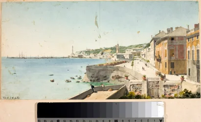 Widok na port w Genui z Lanterną, latarnią morską miasta, bastionami i kościołem San Teodoro (Akwarela
