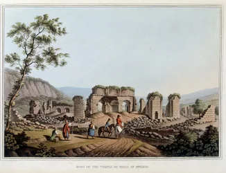 Ruiny świątyni Diany (Artemidy) w Efezie, dawniej starożytnej Grecji, dziś w Turcji. w „”Widoki w dominiach osmańskich, w Europie, Azji i niektórych wyspach Morza Śródziemnego””” z oryginalnych rysunków wykonanych przez Luigiego Mayera, Londyn