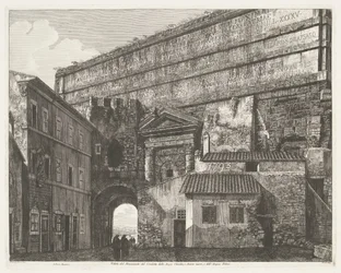 Porta Maggiore w Rzymie Widok na pomnik Condotto delle Acque Claudia, Anione Nuovo i Acqua Felice (tytuł na obiekcie)