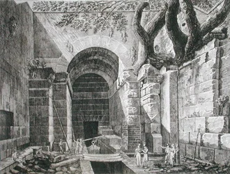 Rzymskie szczątki w Castel Gandolfo nad jeziorem Albano, z „Starożytności konturów Rzymu”, opublikowanej w latach 1824-26 (akwaforta)