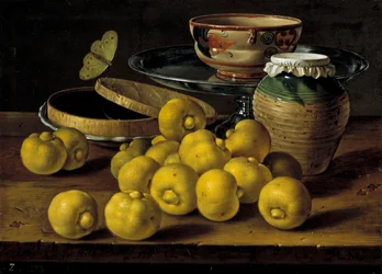 Martwa natura z limonkami, dżemem i motylem z Melendez, Luis Egidio (1716-1780), II poł. - Olej na płótnie, 35x48 - Museo del Prado, Madryt