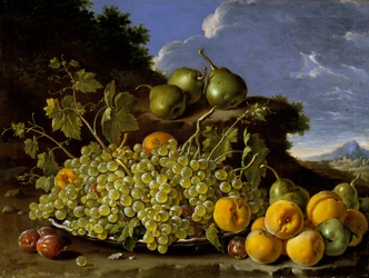 Martwa natura z talerzem winogron, brzoskwiń, gruszek i śliwek w krajobrazie, ok. 1771