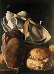 Martwa natura ściereczki, dzbanka i chleba