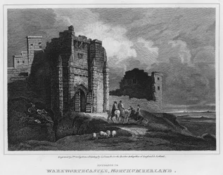 Wejście do zamku Warkworth, Northumberland (grawerowanie)