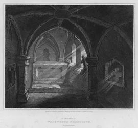 Wnętrze Warkworth Hermitage, Northumberland (grawerowanie)