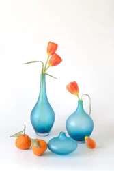Pomarańczowe tulipany i niebieskie wazony