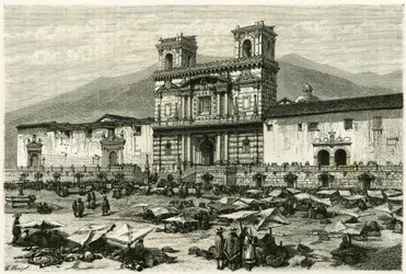 Katedra w Quito (stolica dzisiejszego Ekwadoru) i popularna rozrywka na jej placu. Grawerowanie autorstwa Clergeta i Ferdinandusa, ilustrujące historię „Equinoxiale America””
