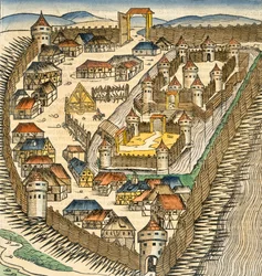 Sabatz, ilustracja z "The Liber Chronicle" (Kronika Norymberska) Hartmanna Schedla (1440-1514), wyd. Norymberga, 1493 (rycina ręcznie kolorowana)