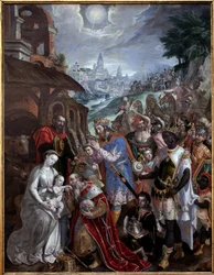 Adoracja Trzech Króli. Nad Świętą Rodziną i Trzech Króli, gwiazdą pasterza. Obraz Maaertena de Vos (Martin de Vos, Marten de Vos) (1532-1603), sztuka flamandzka XVI wiek. Muzeum Sztuk Pięknych w Valenciennes.