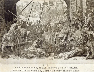Zdobycie Tunisu w 1535 roku, tablica 7 z „Wojskowych osiągnięć cesarza Karola V”, rytowana przez Dirka Volkertsza Coornherta (1522-90), 1555