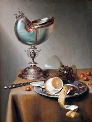 ""Nature morte a la coupe nautile"" (Martwa natura z Nautilus Cup) Peinture de Marten Boelema de Stomme (1611-1644) - Olej na desce Dim 50x38 cm Hallwylska Museet, Sztokholm