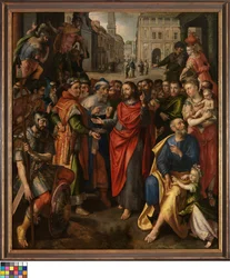 Niderlandzki: Żeton myta (Mateusza 17:24-27; po lewej), żeton kinowy (Łukasza 20:21-26; pośrodku), przypowieść o ubogiej wdowie (Marka 21:41-44; po prawej) (ołtarz cechu mincerzy).