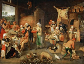 Dom chłopski ze szlachetnymi gośćmi - Marten van Cleve Starszy (1527-1581). Olej na drewnie, ok. 1566. Wymiary: 123x144 cm. Muzeum Historii Sztuki, Wiedeń