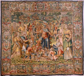 Muzeum Diecezjalne (Muzeum Diecezjalne). Flamandzki gobelin. Bruksela. Warsztaty François Geubels. Seria Historia Gideona. Izraelici przekazują swoją część łupu Gedeonowi. Jedwab i wełna. Zapis Biszou