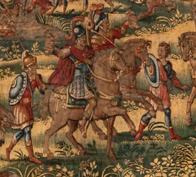 Muzeum Diecezjalne (Muzeum Diecezjalne). Flamandzki gobelin. Bruksela. Warsztaty François Geubels. Seria Historia Gideona. Klęska Midianitów (Klęska Midianitów). Jedwab i wełna. Zapis biskupa Vincenta Rocka z Serny. Barokowy. 1534-1571, w