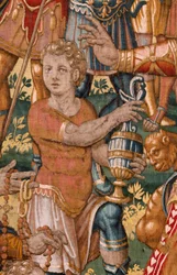 Muzeum Diecezjalne. Gobelin flamandzki. Bruksela. Pracownia François Geubelsa. Seria Historia Gedeona. Izraelici przekazują Gedeonowi swoją część łupu. Jedwab i wełna. Zapis testamentowy biskupa.