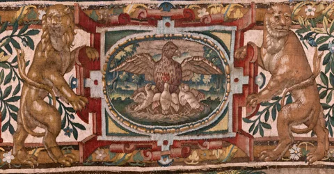 Muzeum Diecezjalne. Gobelin flamandzki. Bruksela. Pracownia François Geubelsa. Seria Historia Gedeona. Izraelici przekazują Gedeonowi swoją część łupu. Jedwab i wełna. Zapis testamentowy biskupa.