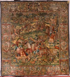 Muzeum Diecezjalne (Muzeum Diecezjalne). Flamandzki gobelin. Bruksela. Warsztaty François Geubels. Seria Historia Gideona. Klęska Midianitów. Jedwab i wełna. Zapis biskupa Vincenta Rocka z Serny. Barokowy. 1534-1571, w