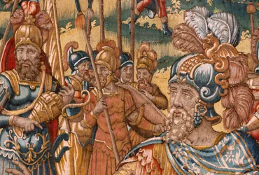 Muzeum Diecezjalne (Muzeum Diecezjalne). Flamandzki gobelin. Bruksela. Warsztaty François Geubels. Seria Historia Gideona. Izraelici przekazują swoją część łupu Gedeonowi. Jedwab i wełna. Zapis Biszou