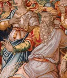 Muzeum Diecezjalne (Muzeum Diecezjalne). Flamandzki gobelin. Bruksela. Warsztaty François Geubels. Seria Historia Gideona. Joasz zostaje poinformowany, że Gedeon zniszczył ołtarz Baala (Joasz zostaje poinformowany, że Gedeon zburzył ołtarz Baala). Jedwab i