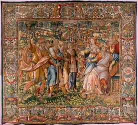 Muzeum Diecezjalne (Muzeum Diecezjalne). Flamandzki gobelin. Bruksela. Warsztaty François Geubels. Seria Historia Gideona. Joasz zostaje poinformowany, że Gedeon zniszczył ołtarz Baala (Joasz zostaje poinformowany, że Gedeon zburzył ołtarz Baala). Jedwab i