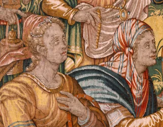 Muzeum Diecezjalne (Muzeum Diecezjalne). Flamandzki gobelin. Bruksela. Warsztaty François Geubels. Seria Historia Gideona. Izraelici przekazują swoją część łupu Gedeonowi. Jedwab i wełna. Zapis Biszou