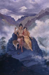 Lord Shiva i Parvati na górze Kailash (olej na płótnie)