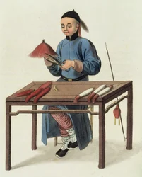Wytwórca czapek, tablica 51 z "The Costume of China", wyryta przez J. Dadley, 1800 r.