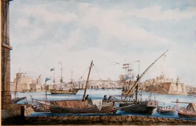 Widok portu Gallies od strony Valetta, ok. 1800 (ołówek i akwarela)