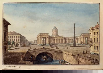 La Cathedrale Kazan a Saint Petersburg (Katedra Kazańska w Sankt Petersburgu) - Praca Maxima Nikiphorovicha Vorobyeva (Vorobiev) (1787-1855), tusz i akwarela na papierze