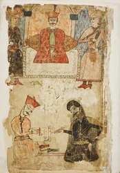 Rustaveli dyktuje swój wiersz kanclerzowi. Ilustracja do wiersza Rycerz w skórze pantery Szoty Rustaveli, połowa XVII w.