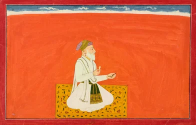 Mędrzec-lekarz Dhanvantari, folio z „Szóstej” serii <em>Bhagavata Purana</em>, znanej również jako „mała” seria Guler-Basohli