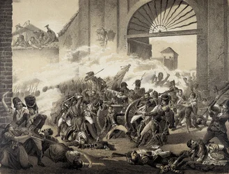 Espana. Guerra de Independecia (1808). Drugi maja w Madrycie. Śmierć Luisa Daoiza broniącego parku Monteleon. Rycina według obrazu Manuela Castellano. Litografia.