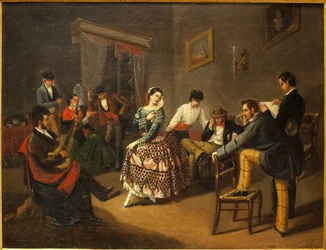 Tancerka w salonie. Obraz Manuel Cabral Bejarano (1827-1891), olej na płótnie