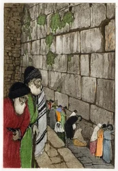 Żydzi przed Ścianą Płaczu, jedyną pozostałością Świątyni Jerozolimskiej zbudowanej przez króla Salomona w -950. Grawerowanie Manuela Orazzi (1860-1934), w „”L