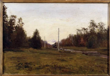 Krajobraz z pociągiem. Obraz Manuila Christoforovicha Aladzhalova (1862-1934). Olej na tekturze, 29,5 x 43,5 cm. Sztuka rosyjska początku XX wieku. Regionalne Muzeum Sztuki, Plyos. © FineArtImage/Leemage