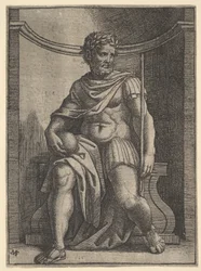 Cesarz rzymski siedzący w niszy trzymający kulę ziemską i berło i spoglądający na swoje..., ca. 1500-1534.