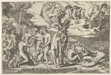 Osąd Paryża: Paris wyciąga rękę w kierunku Wenus, która stoi między Junoną a... ok. godz. 1520-50.