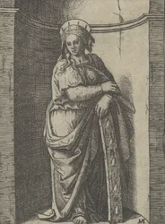 Święta Katarzyna stojąca w niszy, wsparta na kole, jej narzędziu tortur..., ok. godz. 1500-1527.