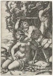 Satyr i młody mężczyzna walczą o nimfę