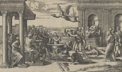 Męczeństwo świętej Cecylii, stojącej nago w wielkim kotle, po lewej pod..., ok. 1520-25