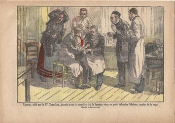 Pasteur, wspomagany przez dr Granchera, po raz pierwszy zaszczepił słynnym wirusem małego alzackiego mistrza, zarażonego wścieklizną., Le Pèlerin, 5/11/1922 (druk)