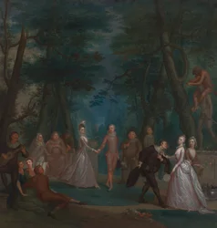 Scena w parku z postaciami z Commedia dell